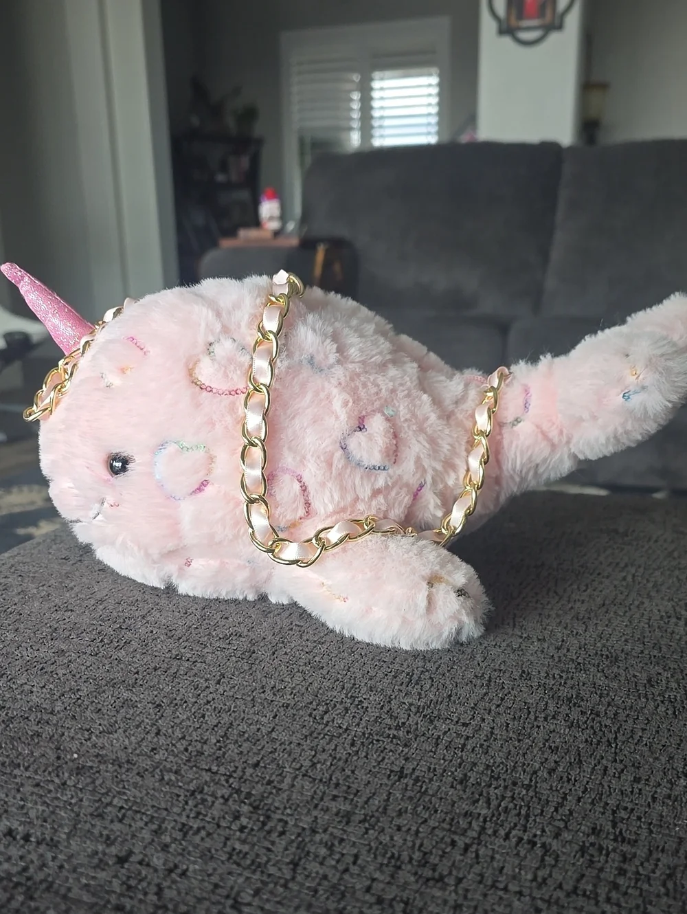 Sparkle Heart Pink Narwhal Plush Crossbody Bag with Gold Chain
